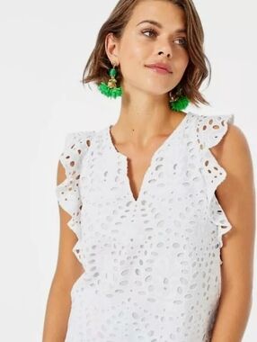 Lilly Pulitzer Faun White Eyelet V-Neck Top with Flutter Detail